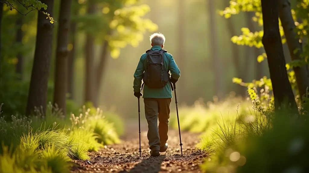 Hiker demonstrating proper walking pole technique on forest path with uphill gradient