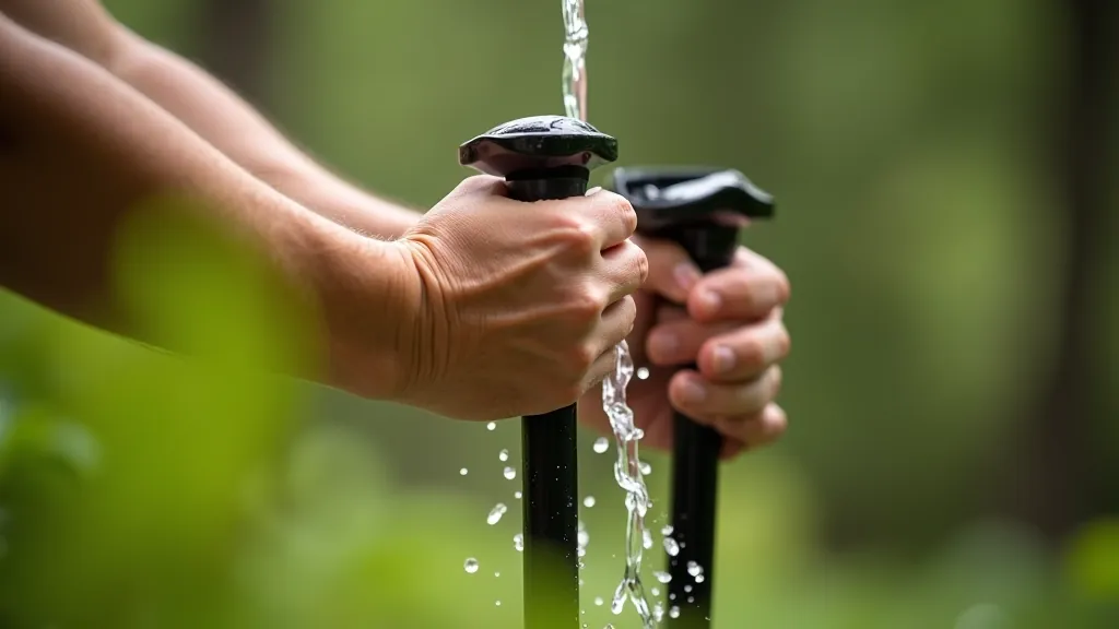 Pair of hiking poles being cleaned and maintained after muddy trail walk