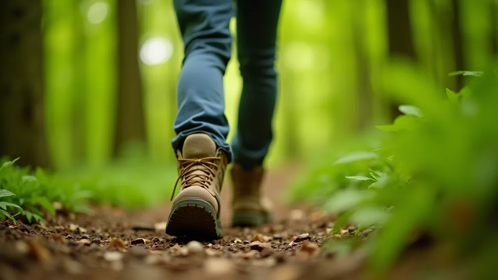 Hiker wearing hiking boots on a trail in Tollymore, walking uphill on forest path