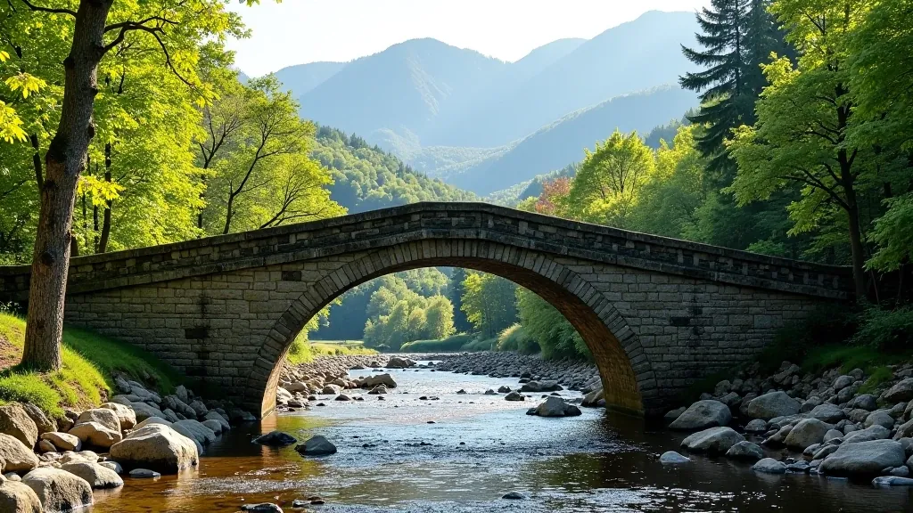 Historic stone bridge in Tollymore with mountains visible beyond and forest setting