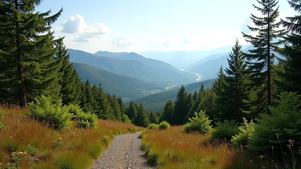 Mountain vista from Tollymore Forest Park showing Mourne Mountains in the distance with forest and hiking trail in foreground
