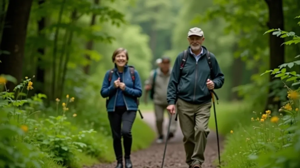 Older adults enjoying a leisurely walk through forest trails