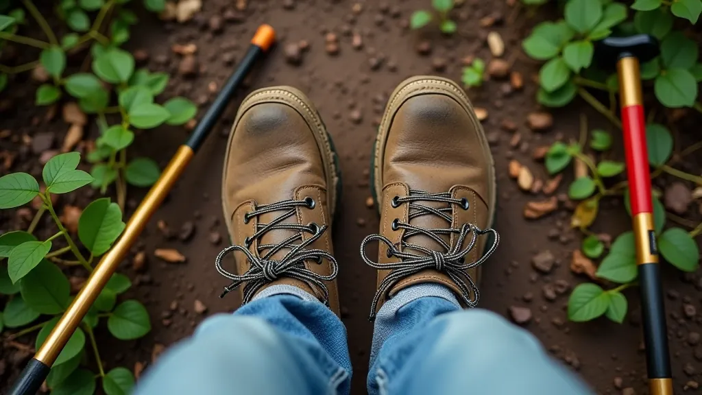 Hiking boots and walking poles on a forest path
