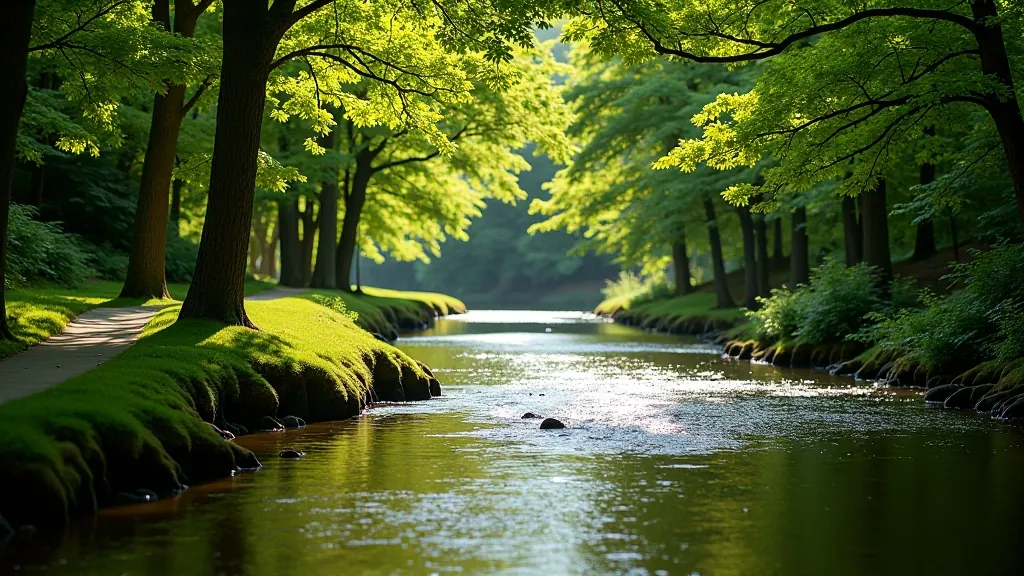 Shimna River flowing through Tollymore Forest Park with walking path alongside and mature trees creating shade