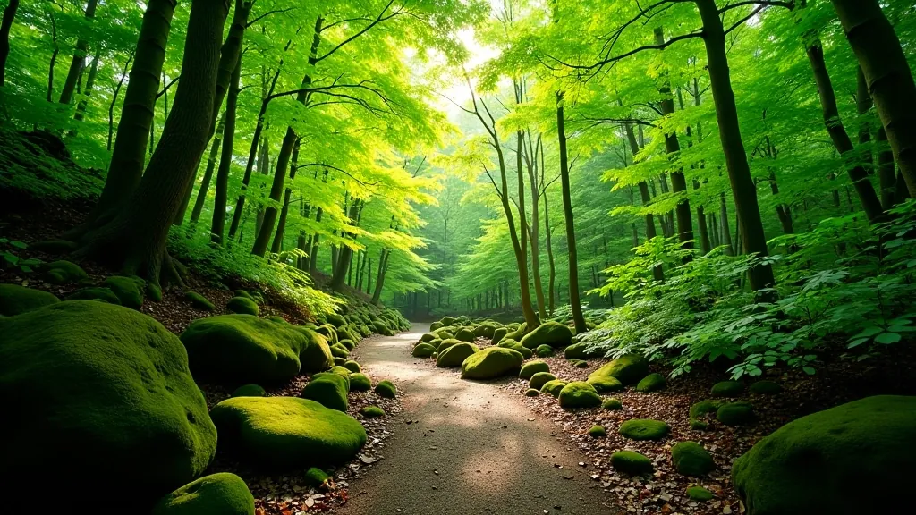Forest path with dappled sunlight filtering through canopy, peaceful woodland trail, no people, serene hiking environment