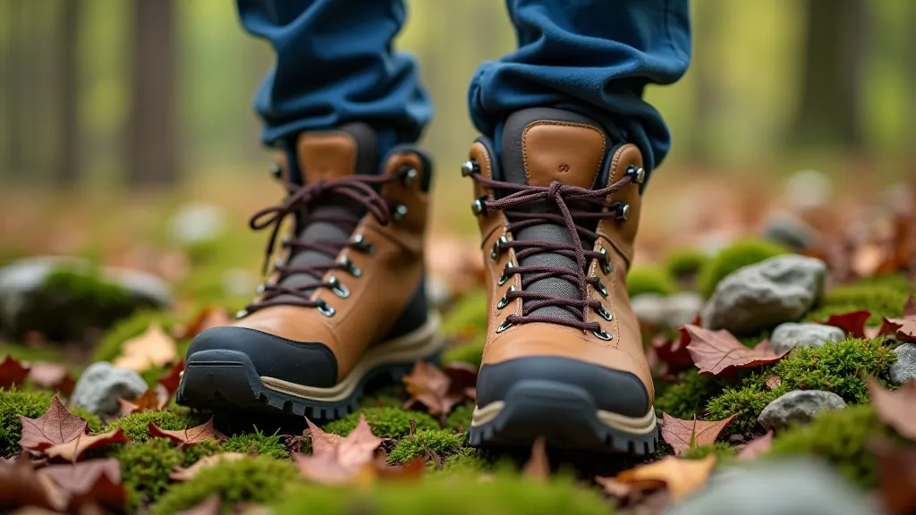 Close-up of hiking boots on rocky forest ground with moss and leaves