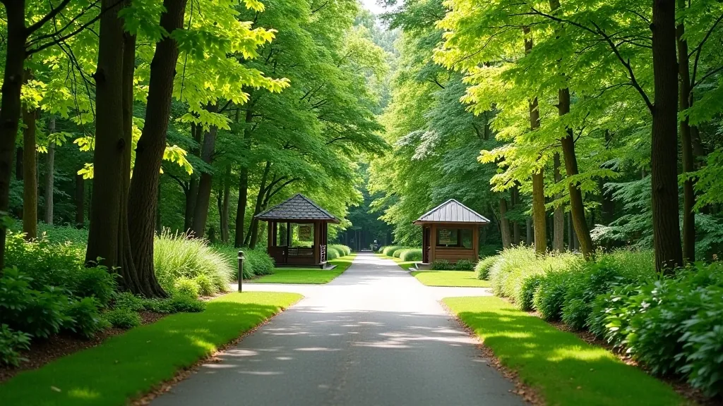 Tollymore Forest Park entrance area with visitor facilities and forest backdrop showing accessible paths