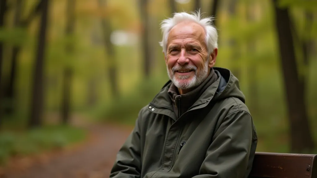 Senior adult aged 65 fully clothed in casual hiking attire sitting on bench in forest, portrait from chest up, smiling, peaceful expression