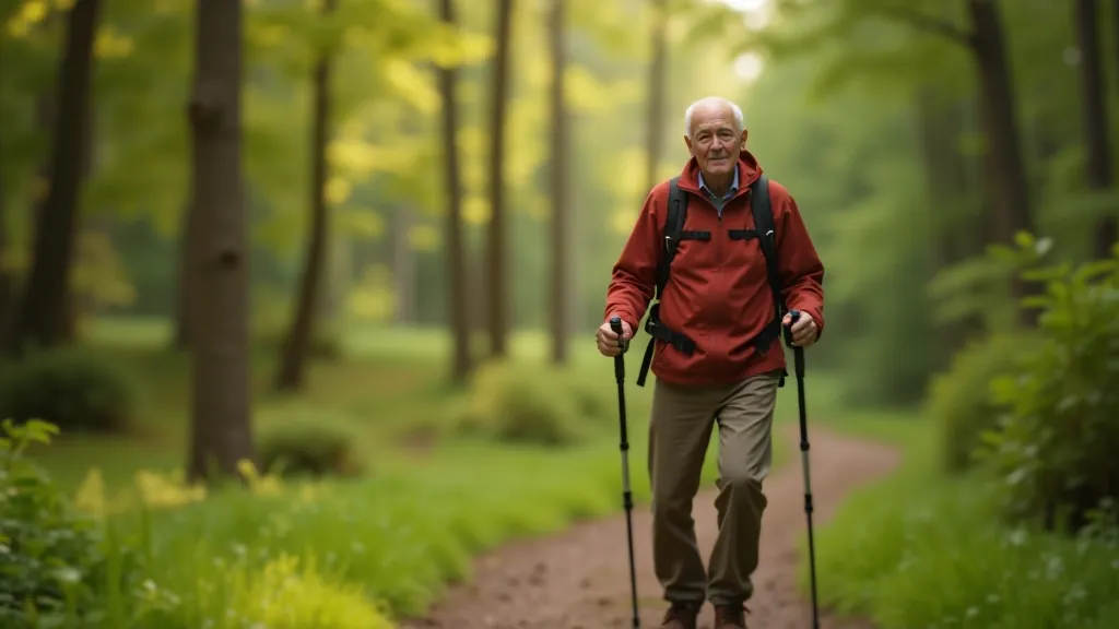 Senior hiker on forest trail with walking poles, demonstrating proper posture and grip