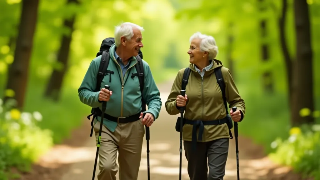 Older adult couple walking on forest trail with walking poles on sunny day