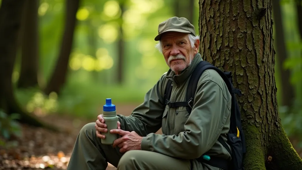 Hiker resting on forest floor, leaning against tree trunk, water bottle in hand, scenic valley view in background, peaceful moment