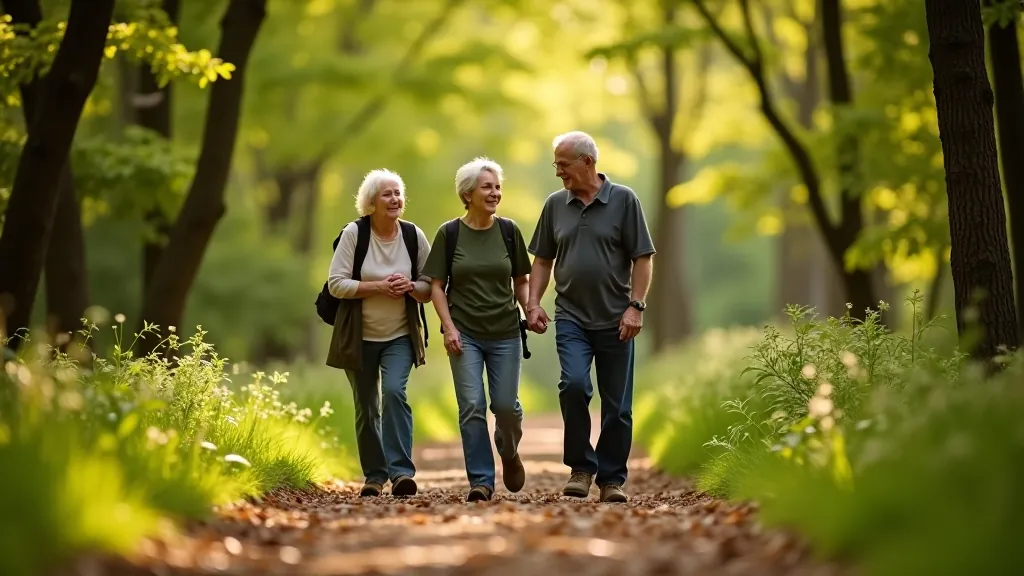 Group of older adults hiking together on a forest trail with smiles