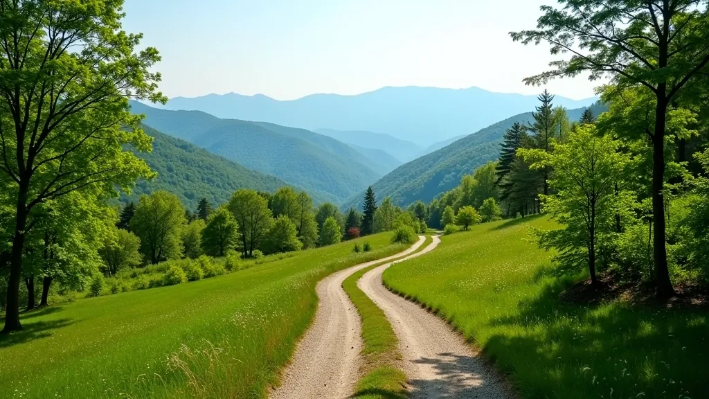 Scenic view of Tollymore Forest Park with mountains in background and hiking trail
