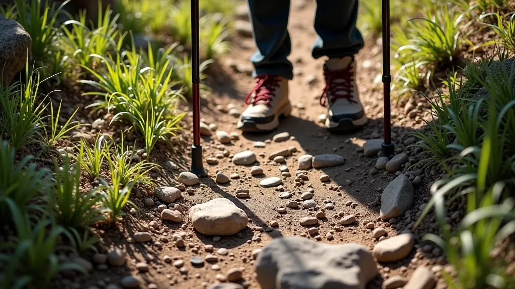 Walking poles on rocky uneven mountain terrain showing proper placement technique