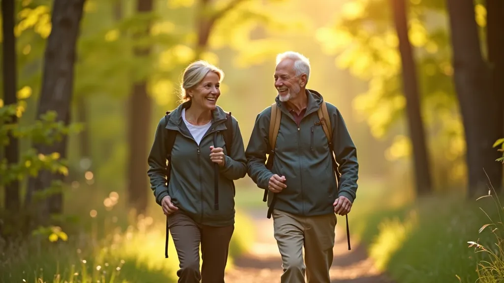 Two senior adults walking side by side on wide forest trail, conversing while hiking, dappled sunlight through trees, comfortable pace